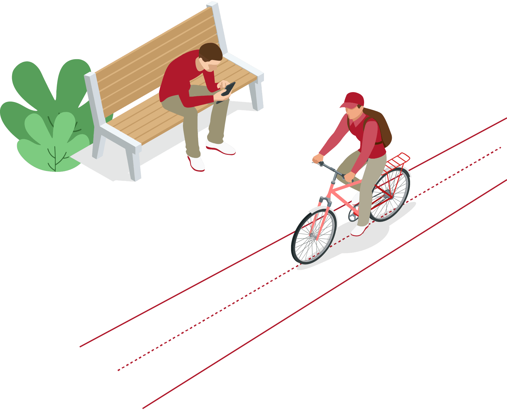 Man on bike and man on bench
